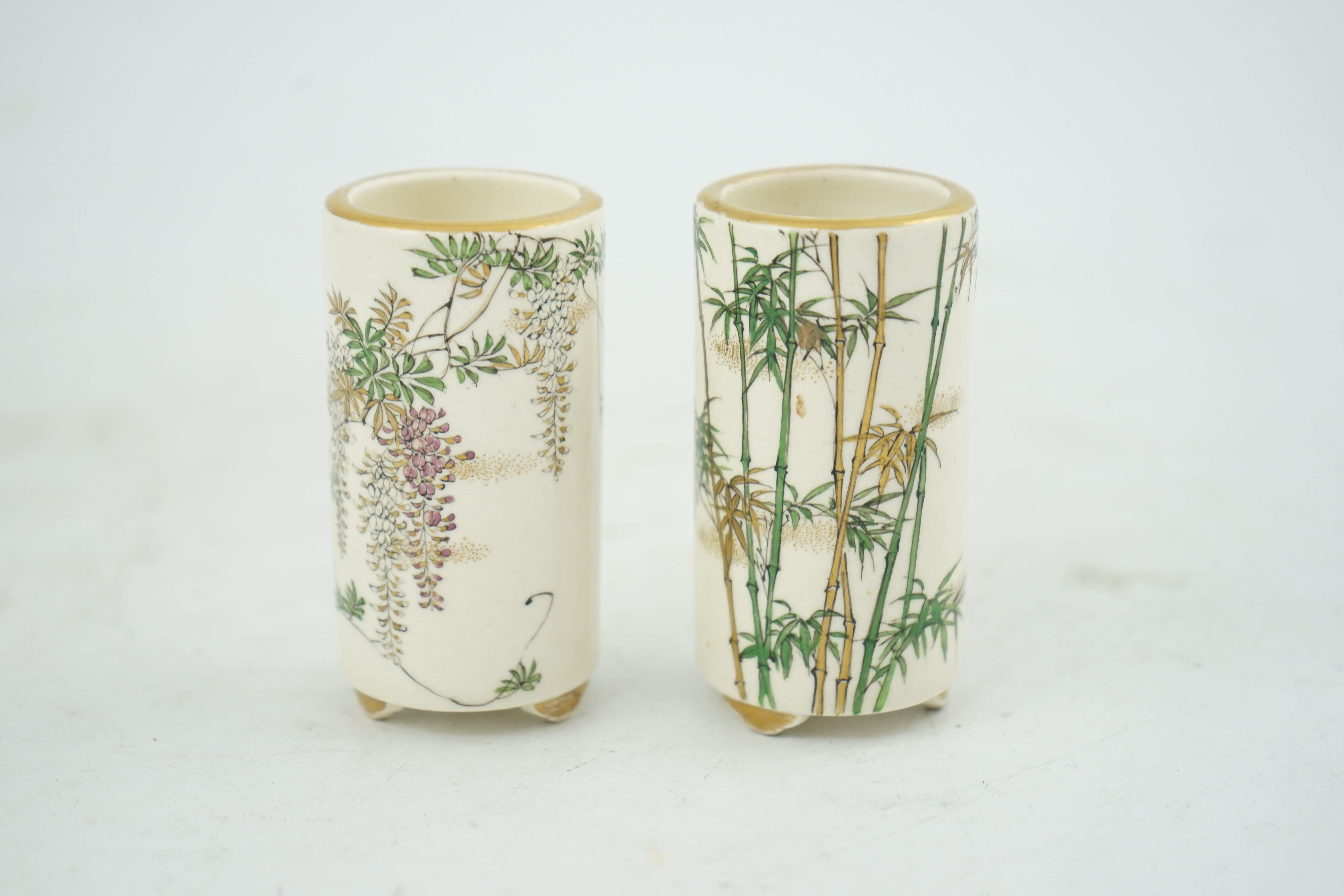 A pair of Japanese Satsuma miniature cylindrical vases, by Kinkozan, early 20th century